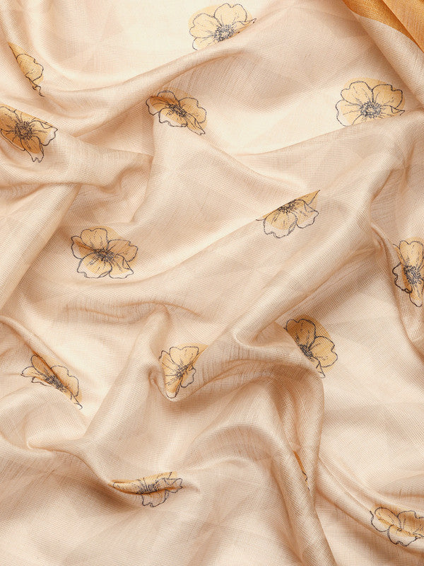 Beige Cotton Blend Digital Print Floral Saree with Unstitched Blouse - Hiral Fashion