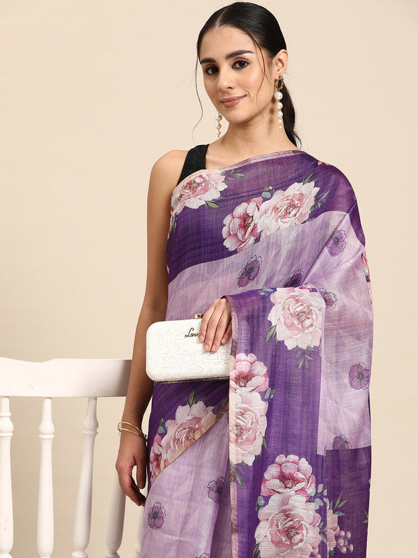 Lavender Cotton Blend Digital Print Floral Saree with Unstitched Blouse - Hiral Fashion
