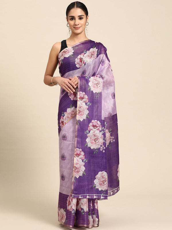 Lavender Cotton Blend Digital Print Floral Saree with Unstitched Blouse - Hiral Fashion