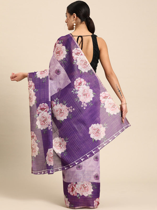 Lavender Cotton Blend Digital Print Floral Saree with Unstitched Blouse - Hiral Fashion