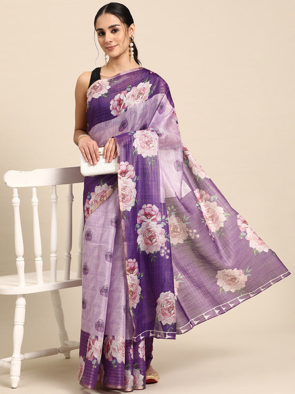 Lavender Cotton Blend Digital Print Floral Saree with Unstitched Blouse - Hiral Fashion