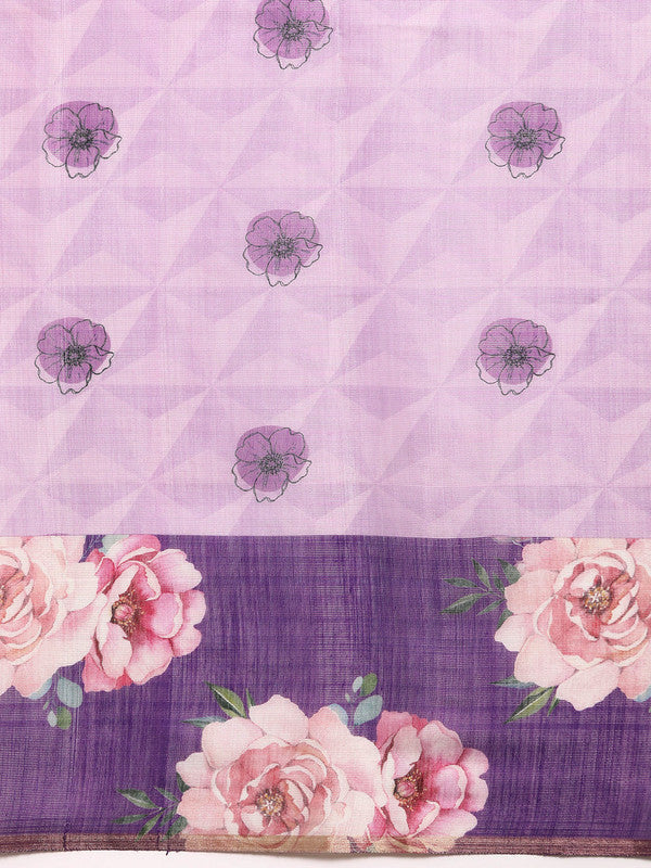 Lavender Cotton Blend Digital Print Floral Saree with Unstitched Blouse - Hiral Fashion