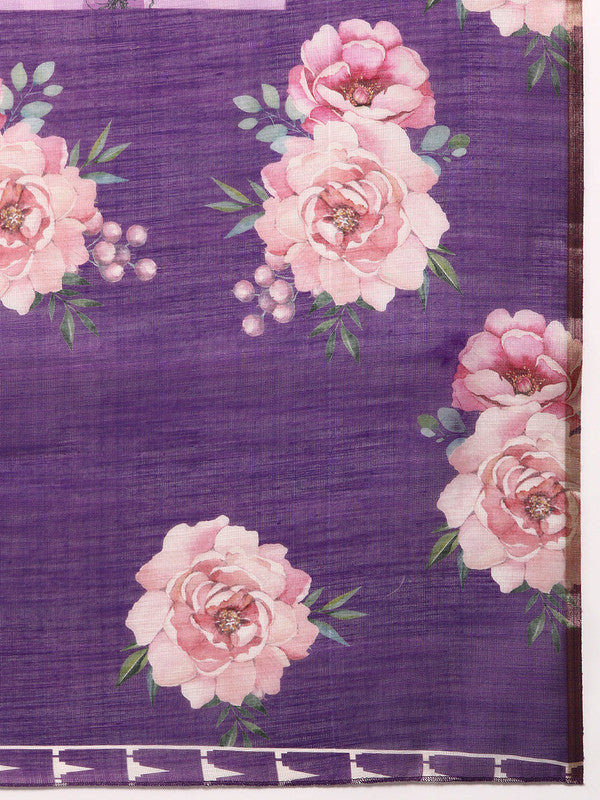 Lavender Cotton Blend Digital Print Floral Saree with Unstitched Blouse - Hiral Fashion