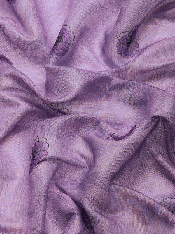 Lavender Cotton Blend Digital Print Floral Saree with Unstitched Blouse - Hiral Fashion