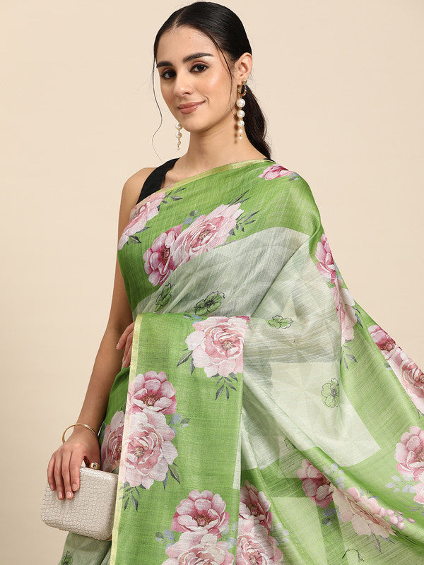 Olive Cotton Blend Digital Print Floral Saree with Unstitched Blouse - Hiral Fashion