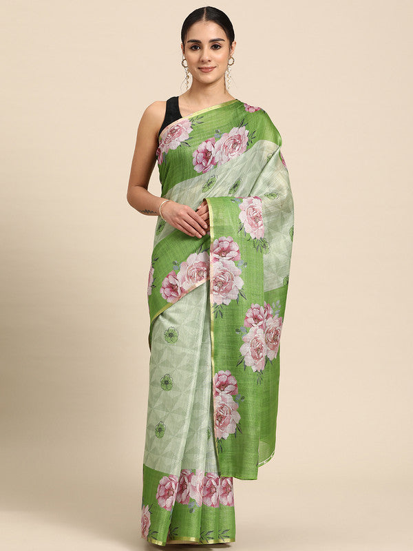 Olive Cotton Blend Digital Print Floral Saree with Unstitched Blouse - Hiral Fashion