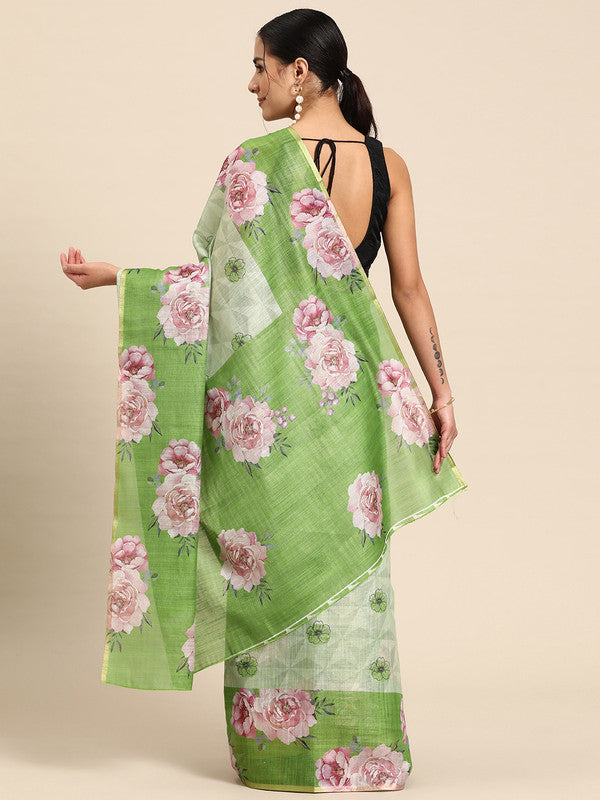 Olive Cotton Blend Digital Print Floral Saree with Unstitched Blouse - Hiral Fashion