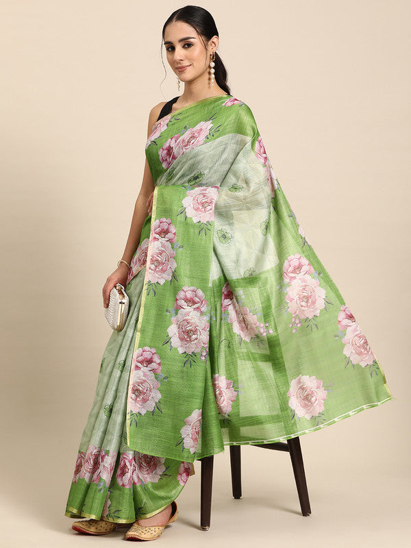 Olive Cotton Blend Digital Print Floral Saree with Unstitched Blouse - Hiral Fashion