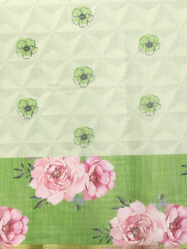 Olive Cotton Blend Digital Print Floral Saree with Unstitched Blouse - Hiral Fashion