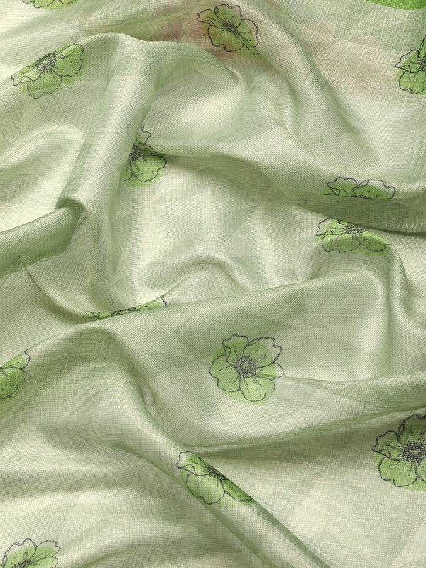 Olive Cotton Blend Digital Print Floral Saree with Unstitched Blouse - Hiral Fashion