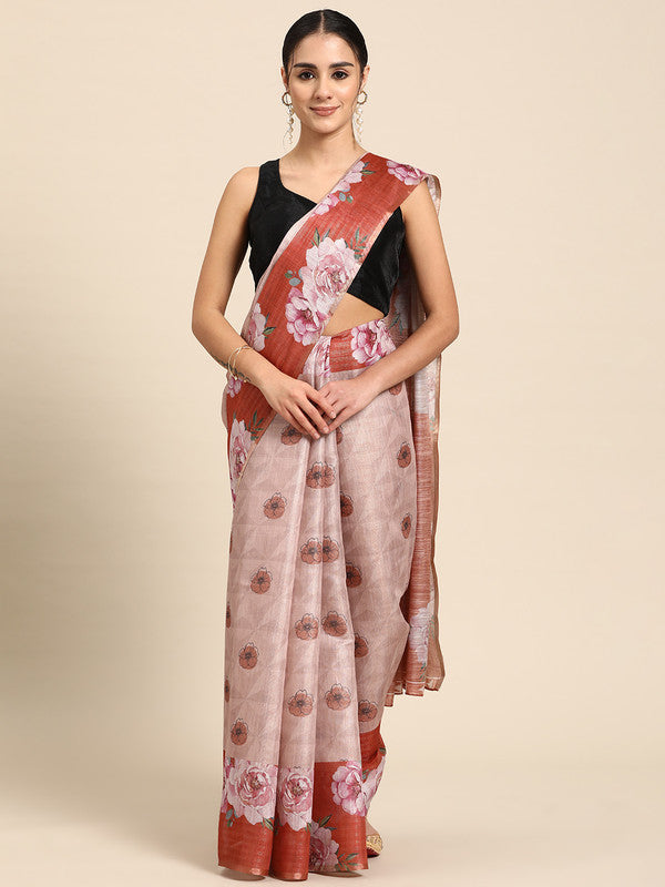 Peach Cotton Blend Digital Print Floral Saree with Unstitched Blouse - Hiral Fashion