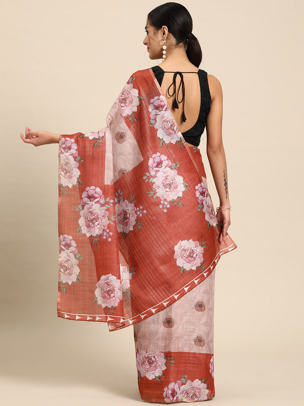 Peach Cotton Blend Digital Print Floral Saree with Unstitched Blouse - Hiral Fashion