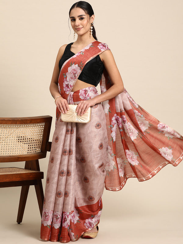 Peach Cotton Blend Digital Print Floral Saree with Unstitched Blouse - Hiral Fashion