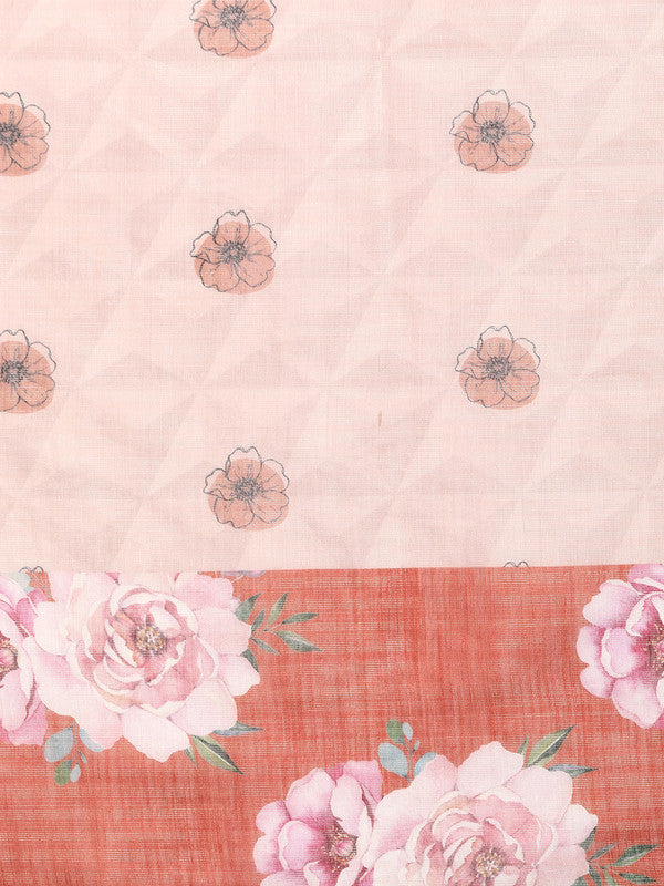 Peach Cotton Blend Digital Print Floral Saree with Unstitched Blouse - Hiral Fashion