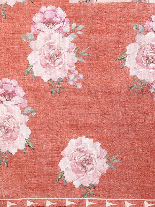 Peach Cotton Blend Digital Print Floral Saree with Unstitched Blouse - Hiral Fashion
