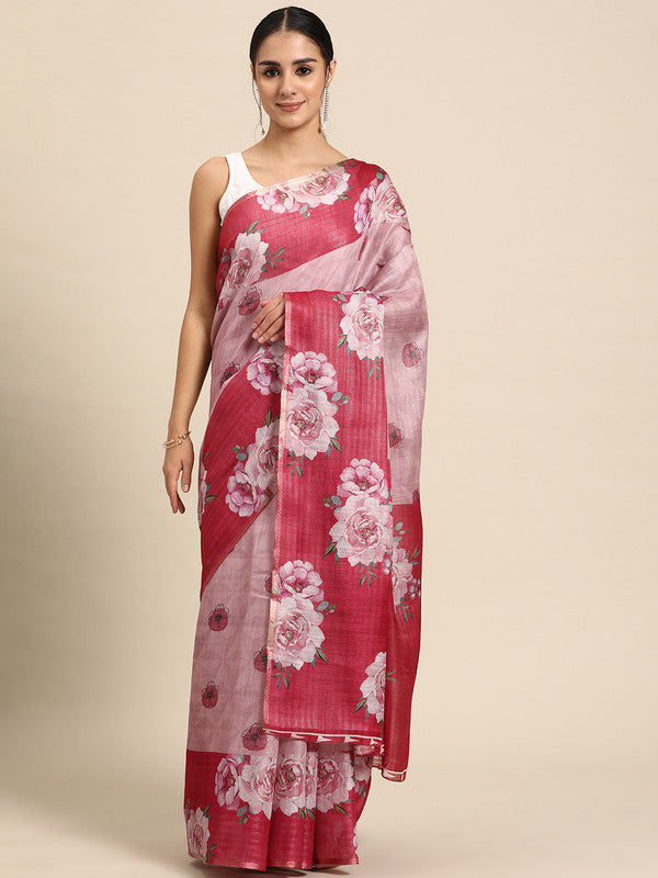 Pink Cotton Blend Digital Print Floral Saree with Unstitched Blouse - Hiral Fashion