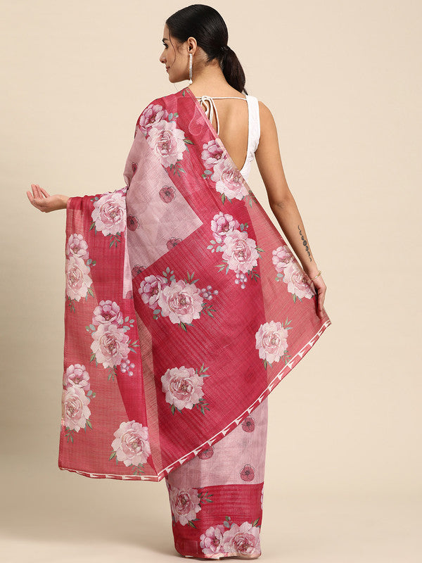 Pink Cotton Blend Digital Print Floral Saree with Unstitched Blouse - Hiral Fashion