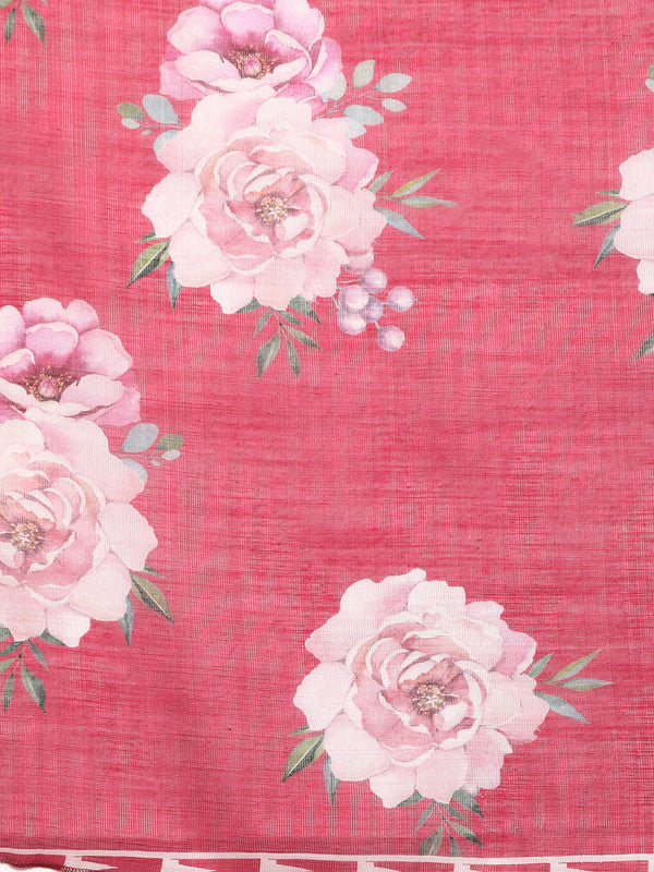 Pink Cotton Blend Digital Print Floral Saree with Unstitched Blouse - Hiral Fashion