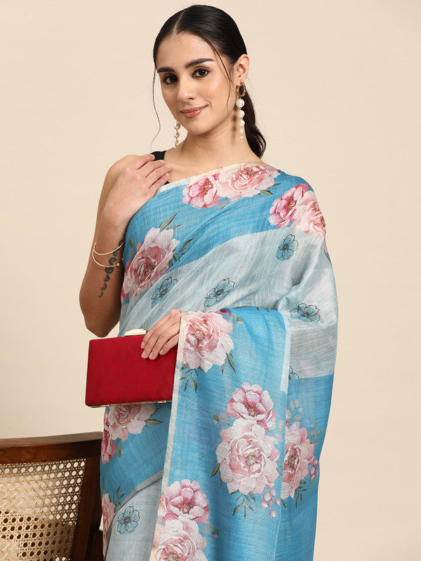 Turquoise Cotton Blend Digital Print Floral Saree with Unstitched Blouse - Hiral Fashion
