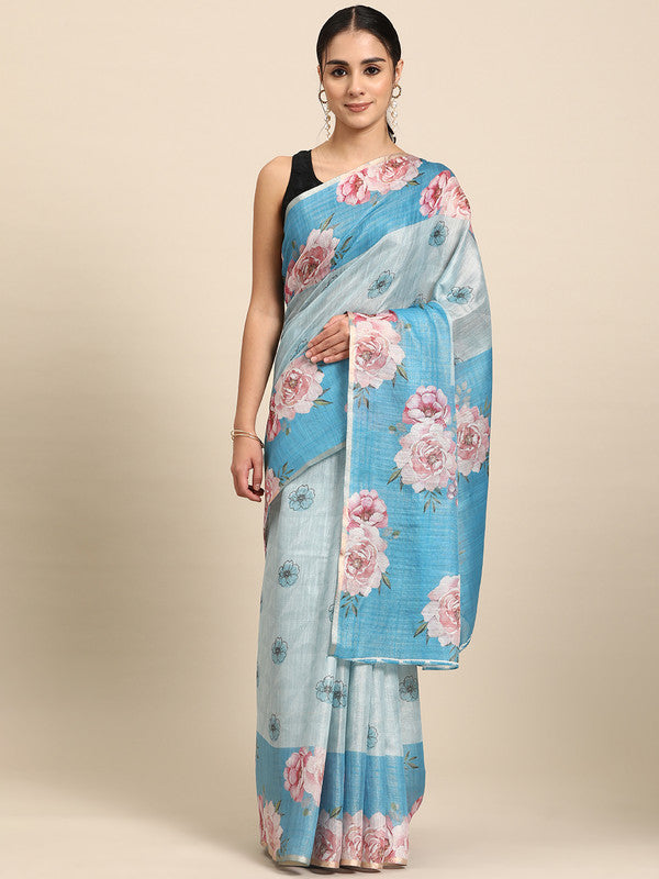 Turquoise Cotton Blend Digital Print Floral Saree with Unstitched Blouse - Hiral Fashion