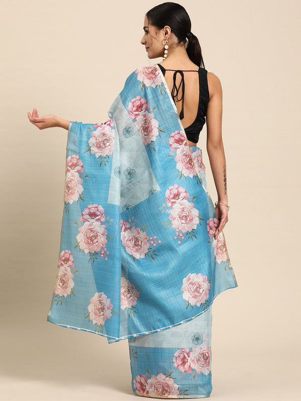 Turquoise Cotton Blend Digital Print Floral Saree with Unstitched Blouse - Hiral Fashion