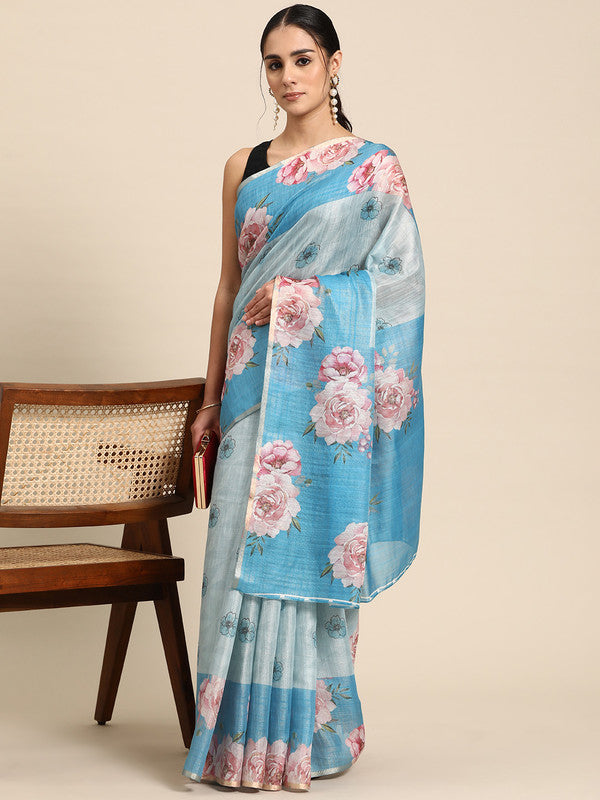 Turquoise Cotton Blend Digital Print Floral Saree with Unstitched Blouse - Hiral Fashion