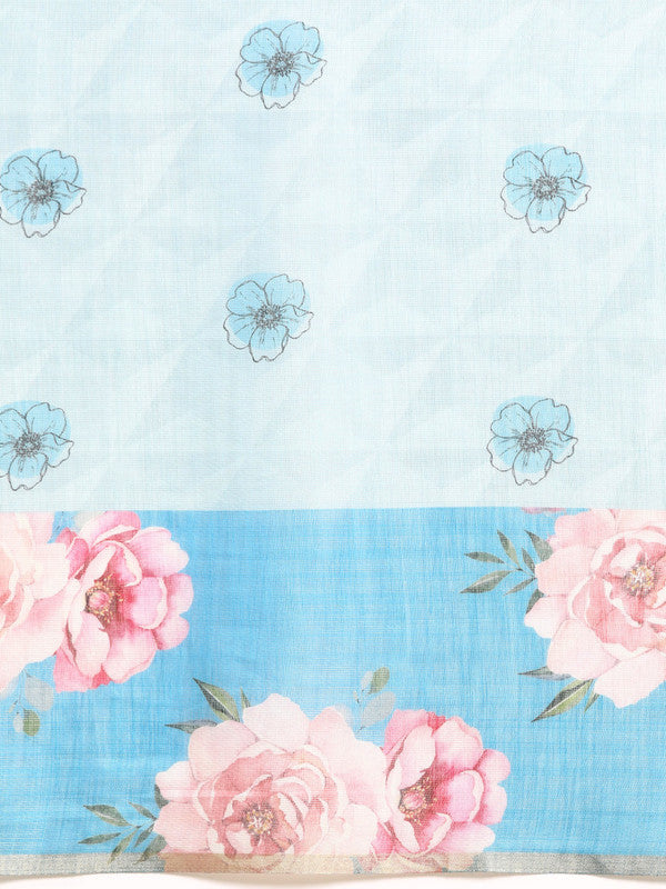Turquoise Cotton Blend Digital Print Floral Saree with Unstitched Blouse - Hiral Fashion