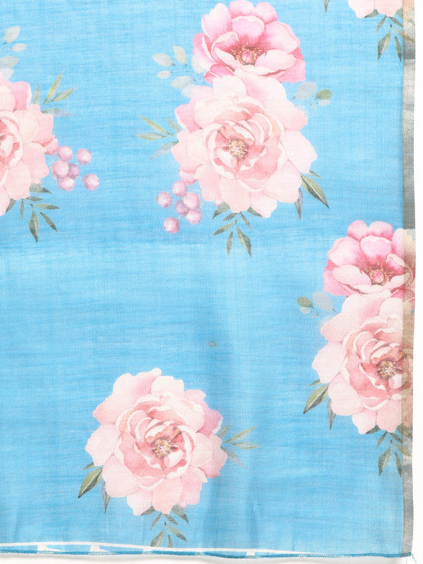 Turquoise Cotton Blend Digital Print Floral Saree with Unstitched Blouse - Hiral Fashion