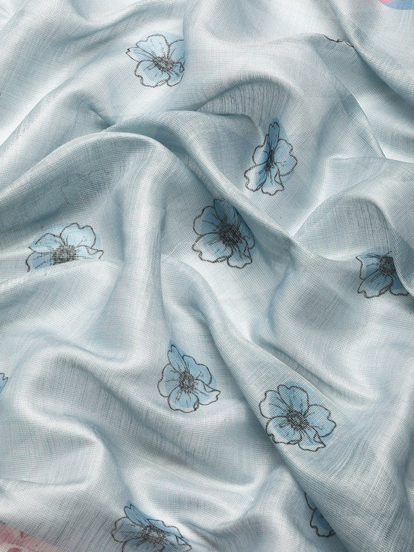 Turquoise Cotton Blend Digital Print Floral Saree with Unstitched Blouse - Hiral Fashion