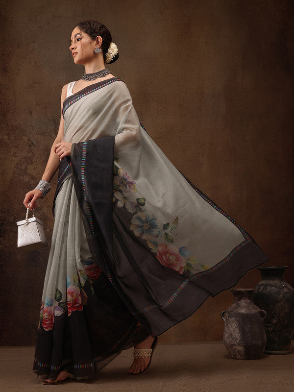 Gray Cotton Blend Digital Print Floral Saree with Unstitched Blouse - Hiral Fashion