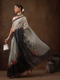 Gray Cotton Blend Digital Print Floral Saree with Unstitched Blouse - Hiral Fashion