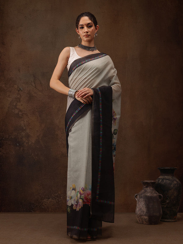 Gray Cotton Blend Digital Print Floral Saree with Unstitched Blouse - Hiral Fashion