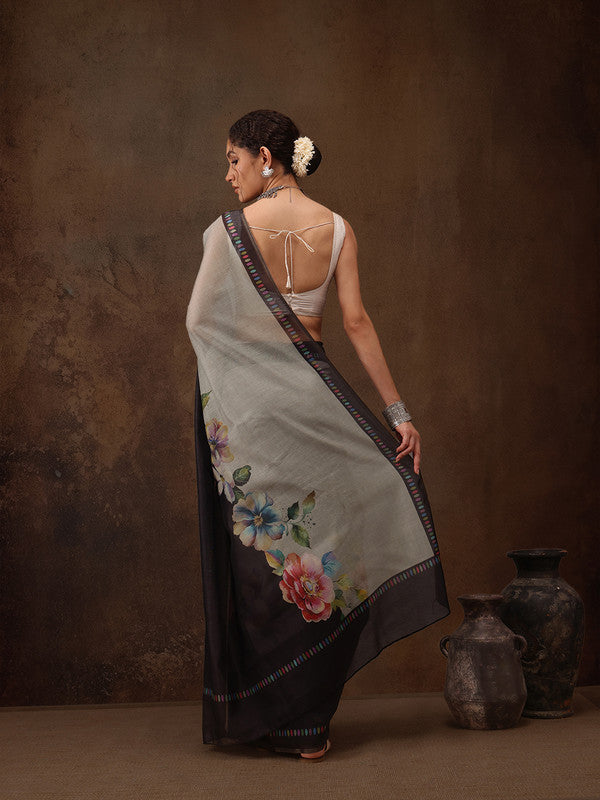 Gray Cotton Blend Digital Print Floral Saree with Unstitched Blouse - Hiral Fashion