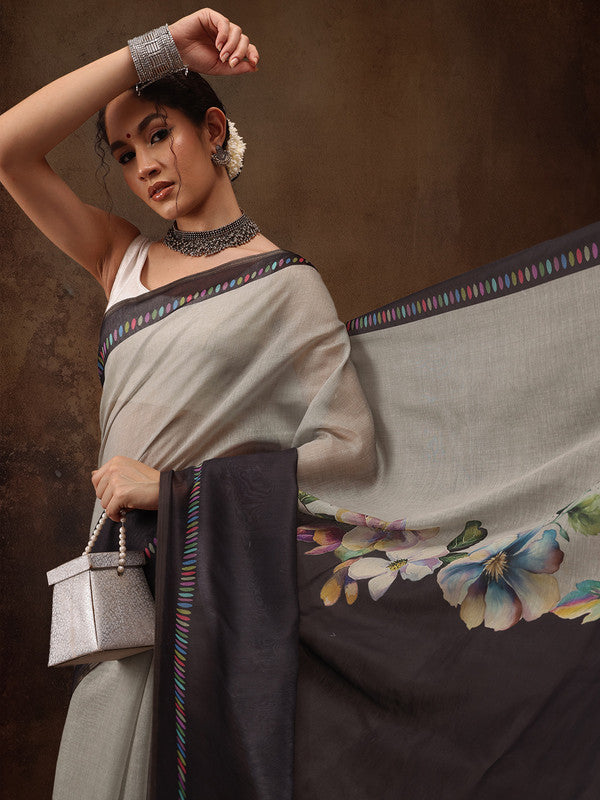 Gray Cotton Blend Digital Print Floral Saree with Unstitched Blouse - Hiral Fashion