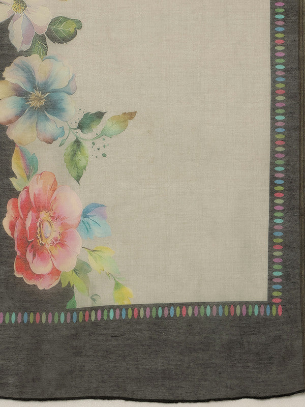 Gray Cotton Blend Digital Print Floral Saree with Unstitched Blouse - Hiral Fashion