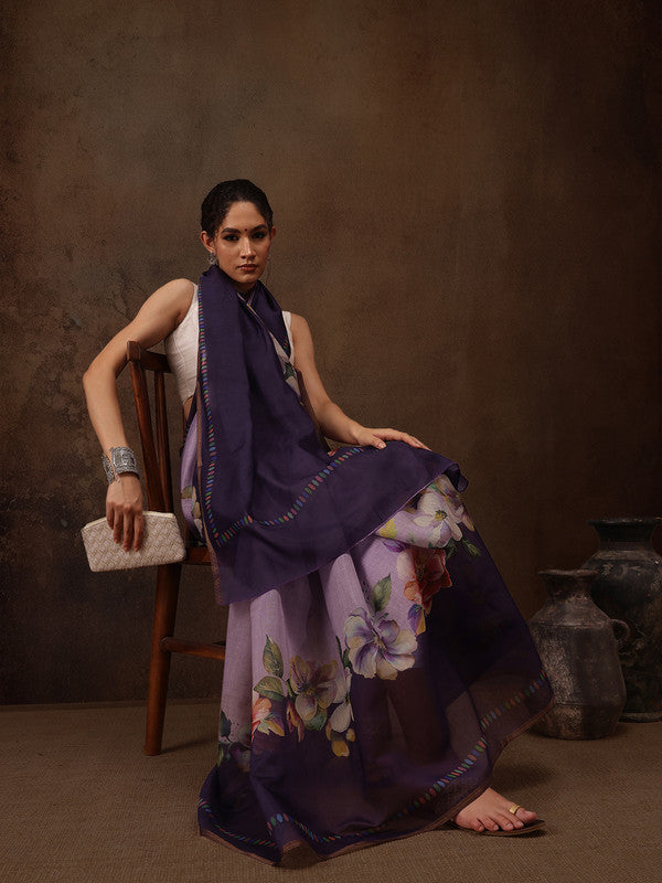 Lavender Cotton Blend Digital Print Floral Saree with Unstitched Blouse - Hiral Fashion