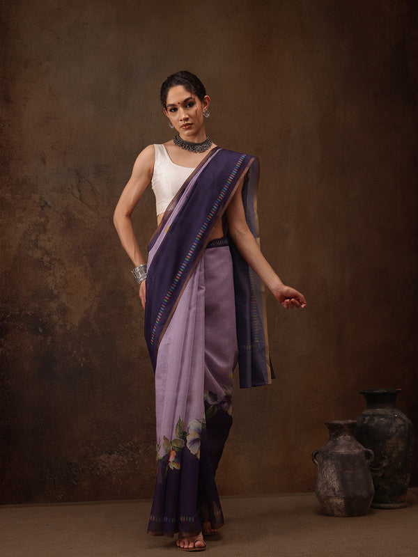 Lavender Cotton Blend Digital Print Floral Saree with Unstitched Blouse - Hiral Fashion