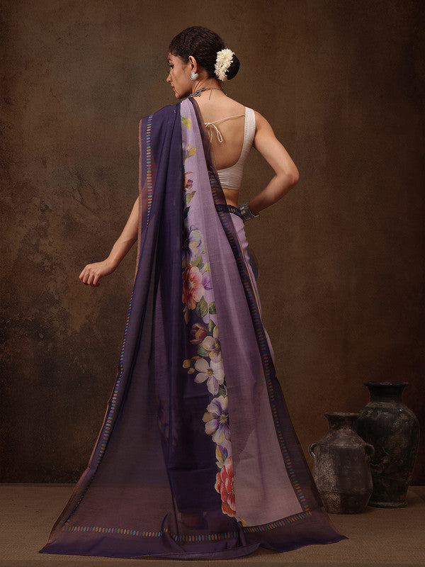 Lavender Cotton Blend Digital Print Floral Saree with Unstitched Blouse - Hiral Fashion