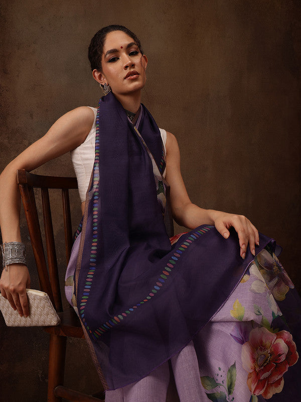 Lavender Cotton Blend Digital Print Floral Saree with Unstitched Blouse - Hiral Fashion