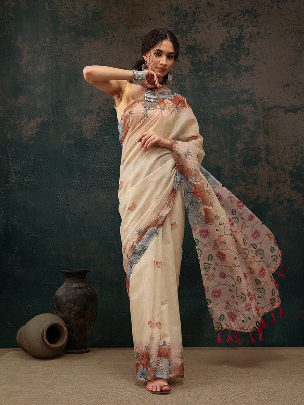 Beige Cotton Blend Digital Print Animal Print Saree with Unstitched Blouse - Hiral Fashion