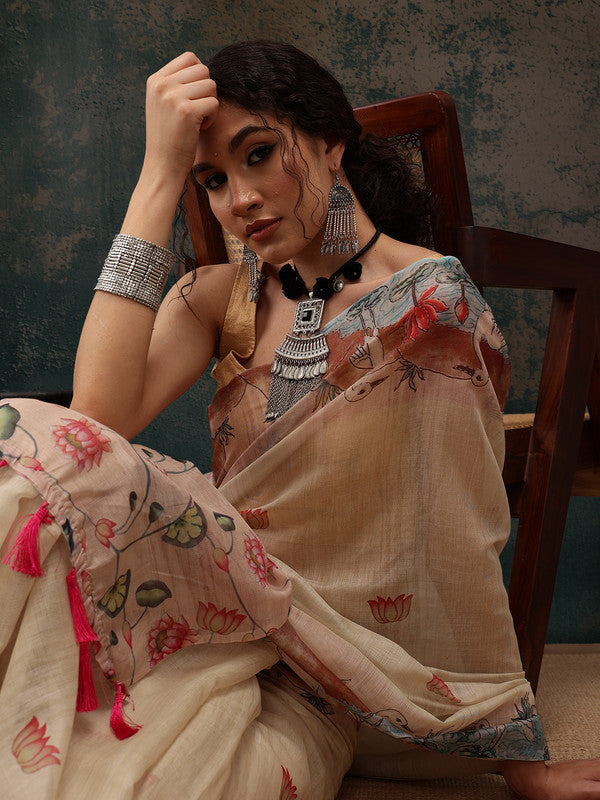 Beige Cotton Blend Digital Print Animal Print Saree with Unstitched Blouse - Hiral Fashion