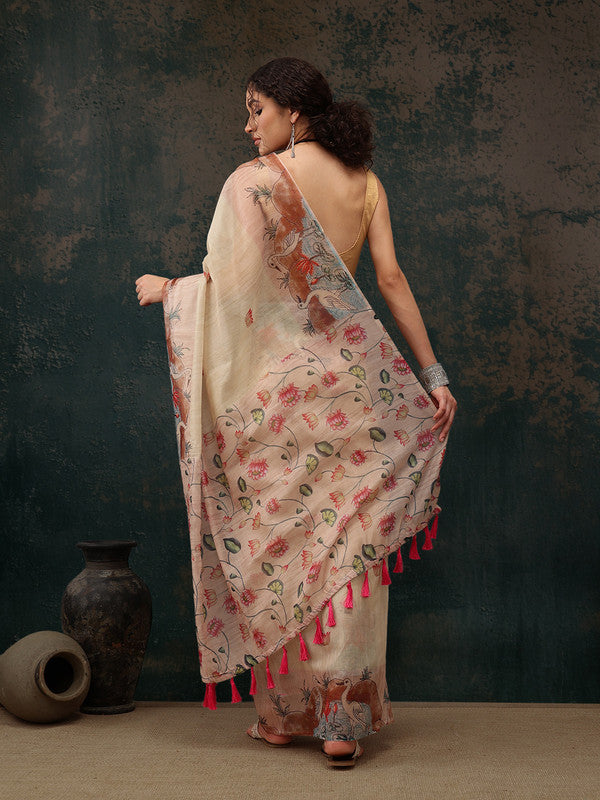 Beige Cotton Blend Digital Print Animal Print Saree with Unstitched Blouse - Hiral Fashion