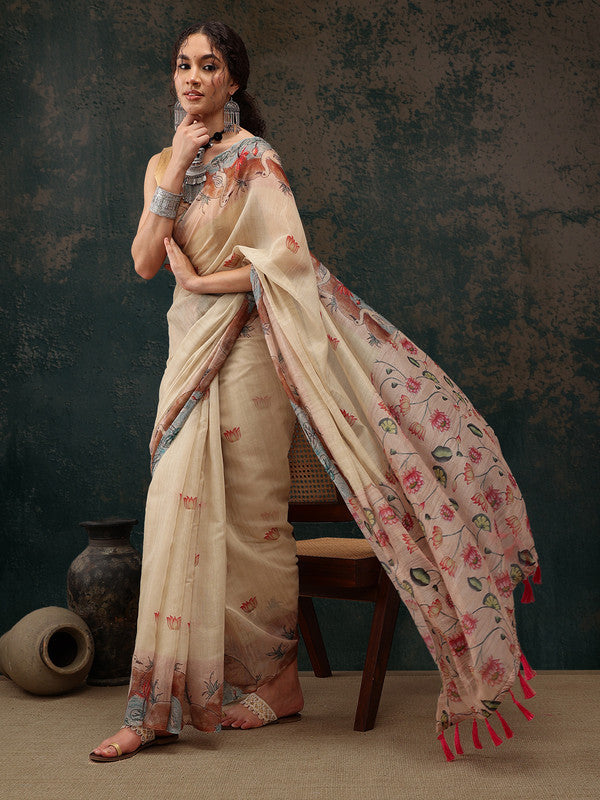Beige Cotton Blend Digital Print Animal Print Saree with Unstitched Blouse - Hiral Fashion