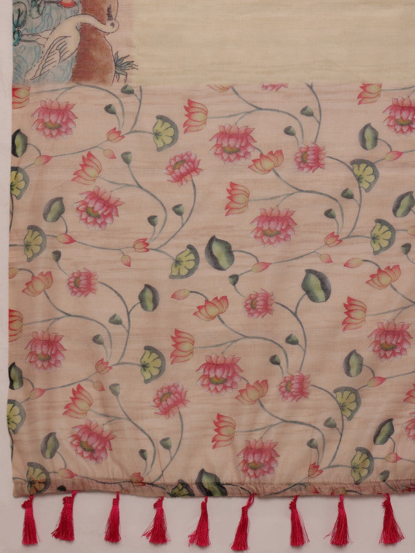 Beige Cotton Blend Digital Print Animal Print Saree with Unstitched Blouse - Hiral Fashion
