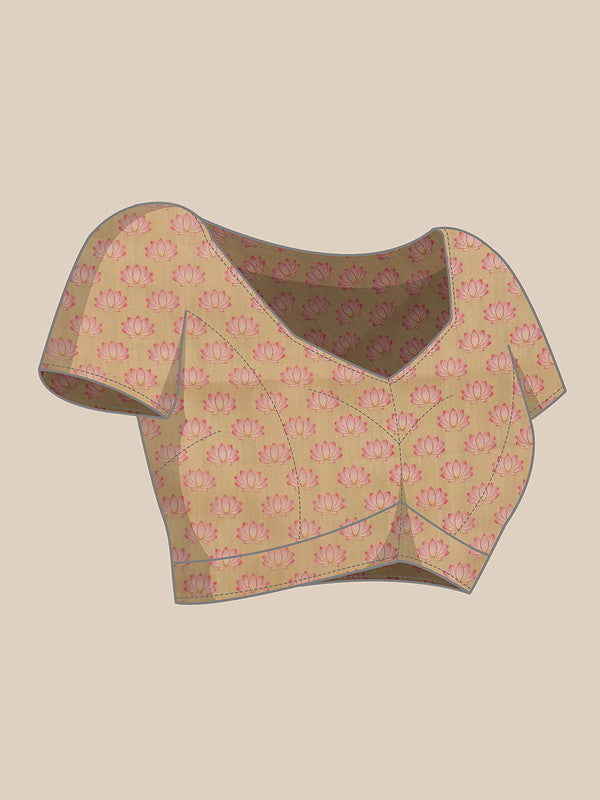 Beige Cotton Blend Digital Print Animal Print Saree with Unstitched Blouse - Hiral Fashion