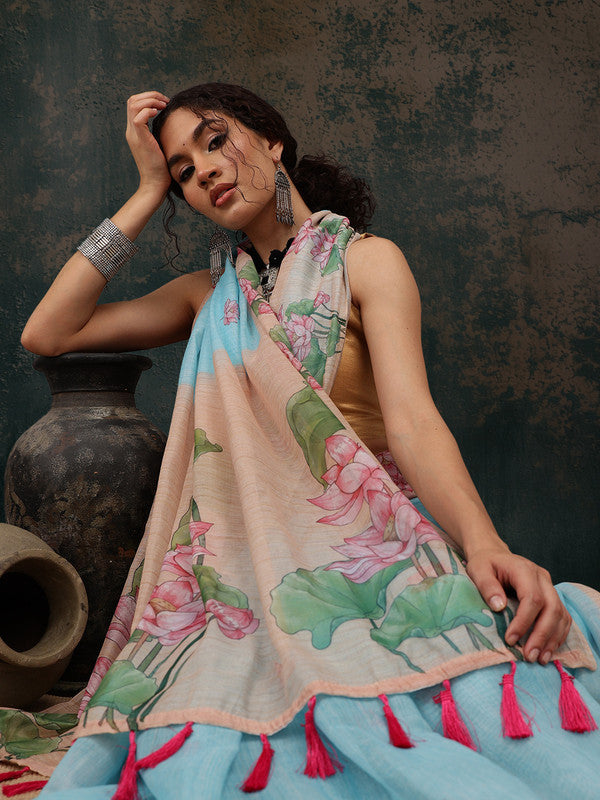 Blue Cotton Blend Digital Print Animal Print Saree with Unstitched Blouse - Hiral Fashion