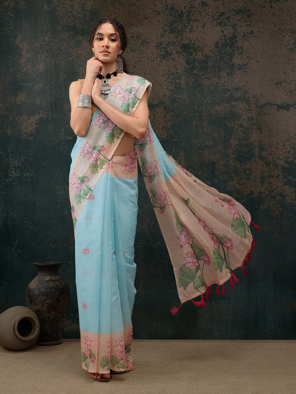Blue Cotton Blend Digital Print Animal Print Saree with Unstitched Blouse - Hiral Fashion