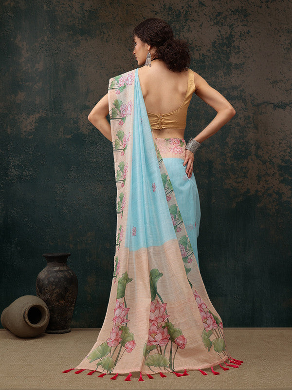 Blue Cotton Blend Digital Print Animal Print Saree with Unstitched Blouse - Hiral Fashion