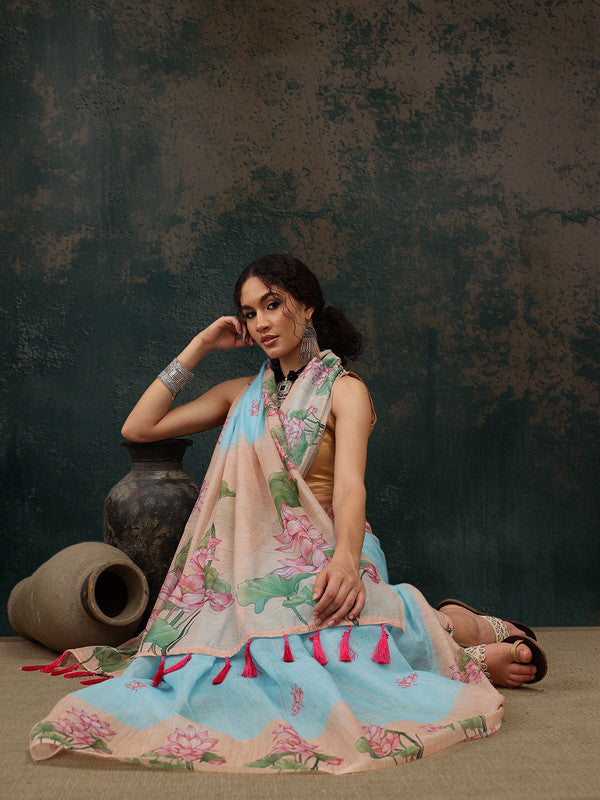 Blue Cotton Blend Digital Print Animal Print Saree with Unstitched Blouse - Hiral Fashion