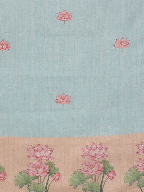 Blue Cotton Blend Digital Print Animal Print Saree with Unstitched Blouse - Hiral Fashion